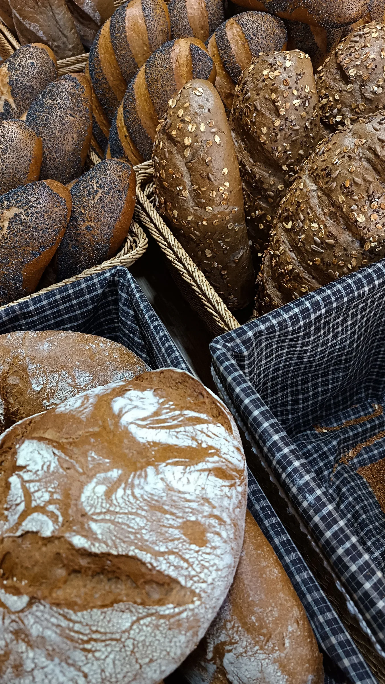 Verschiedene rustikale Sauerteigbrote liegen in Körben, mit kräftig gebräunter, aufgerissener Kruste und unterschiedlichen Formen.